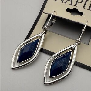 NWT Napier Silver Tone Dangle Signed Earrings with Deep Blue Accents